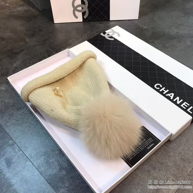 CHANEL香奈兒 日系卷邊款 毛線狐狸毛球針織帽 LLWJ6212